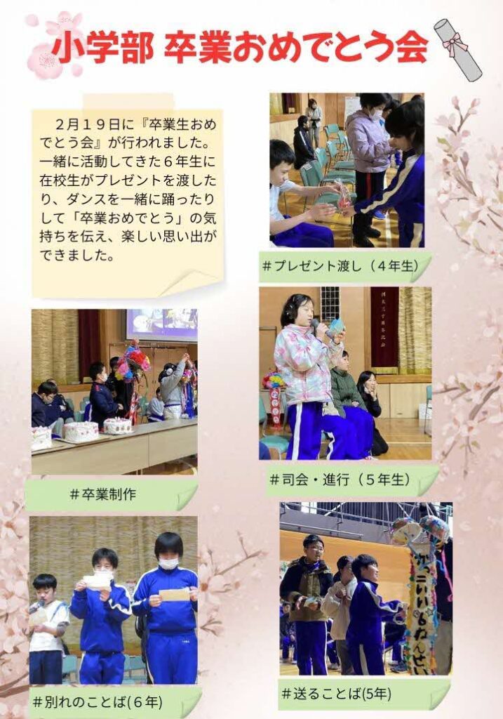 ２月１９日に『卒業生おめでとう会』が行われました。一緒に活動してきた６年生に在校生がプレゼントを渡したり、ダンスを一緒に踊ったりして「卒業おめでとう」の気持ちを伝え、楽しい思い出ができました。#プレゼント渡し#卒業制作発表#司会進行＃贈る言葉#別れの言葉