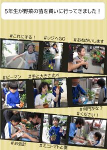 小学部５年生の児童たちが、苗を選んだり、レジでお金を払ったりする写真が載っています。